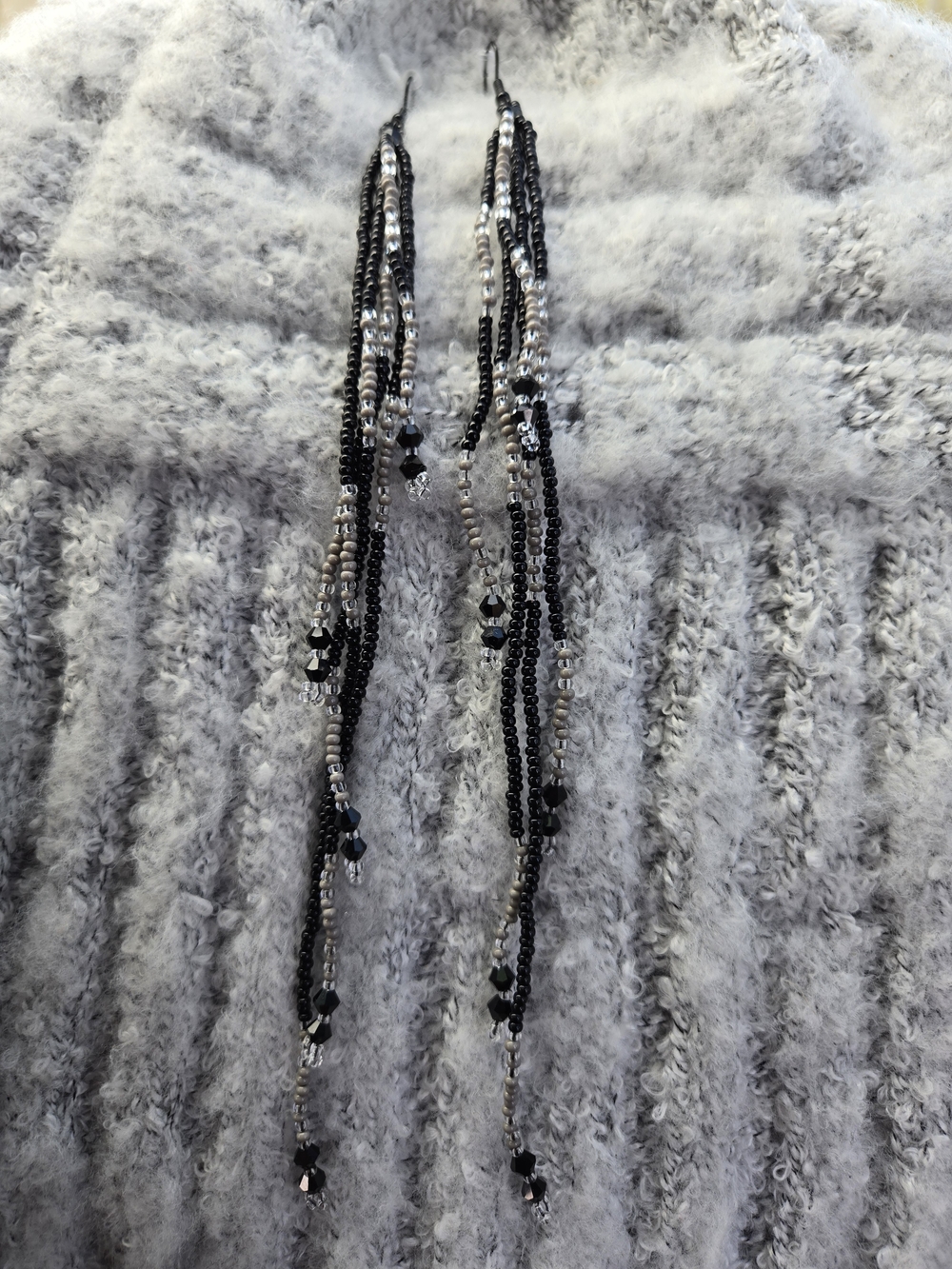 Black and Silver Multi-Strand Beaded Dangle Earrings - Women Jewelry